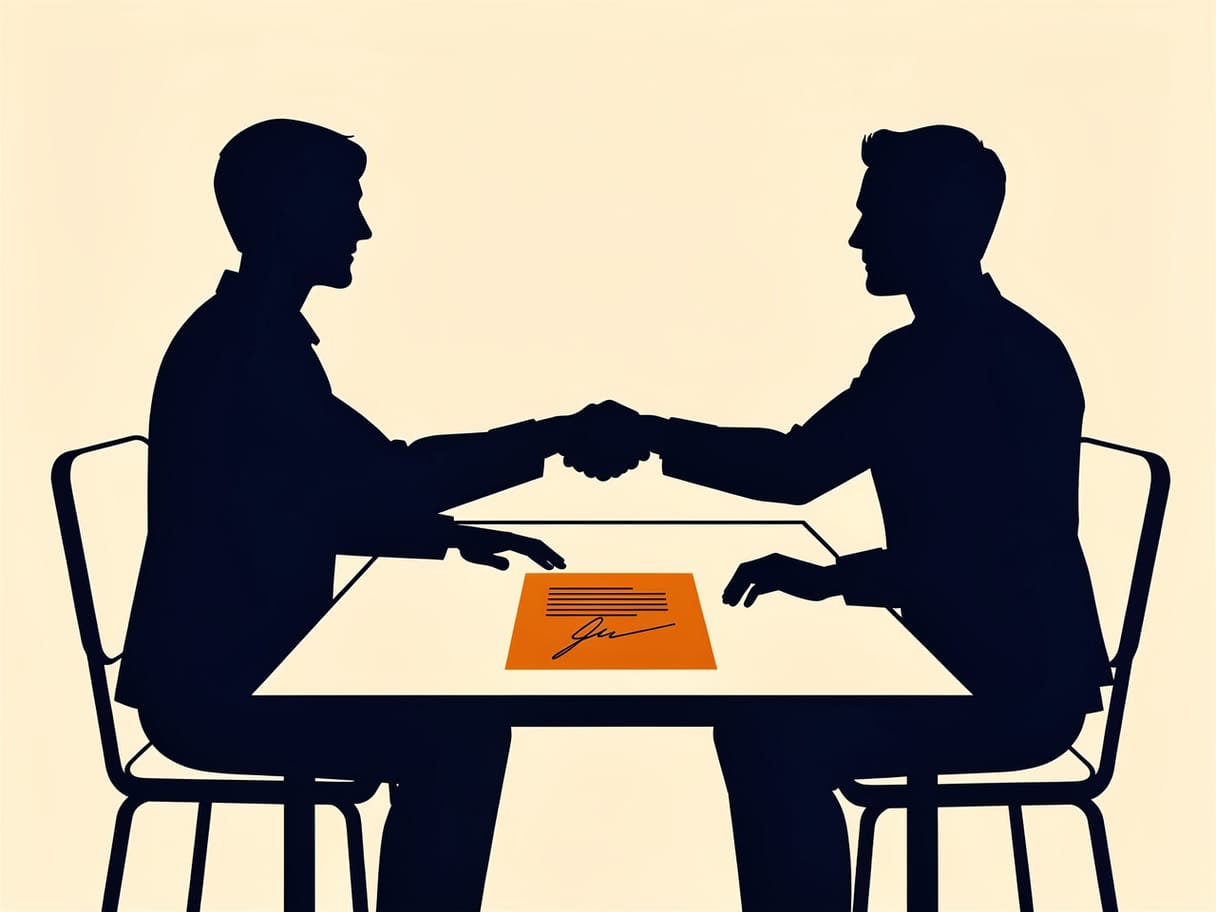 Flat navy illustration of two people passing a document across a table.