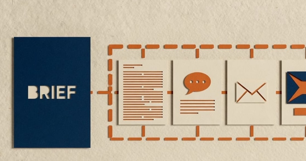 Paper-craft illustration: three navy checkpoint gates labelled FACT, VOICE and GO, a dashed orange path running through each before reaching a cream published stamp.