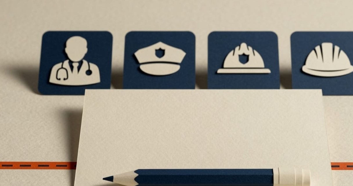 Paper-craft illustration: four navy cut-paper folders in a row, labelled Marketing, Ops, Finance and Support, each with a cream prompt card peeking out and a dashed burnt-orange line joining them.