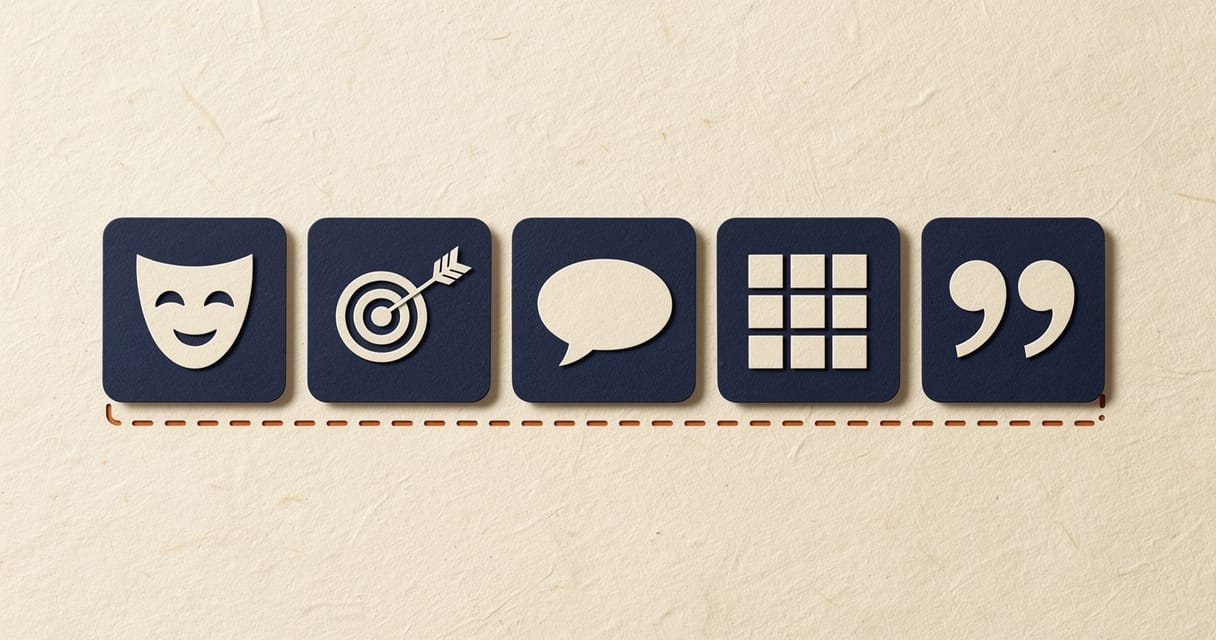 Paper-craft illustration: five deep-navy cut-paper tiles in a row joined by a dashed burnt-orange line, holding in turn a cream theatre mask, an arrow striking a target, a speech bubble, a grid of four boxes, and a pair of quotation marks.