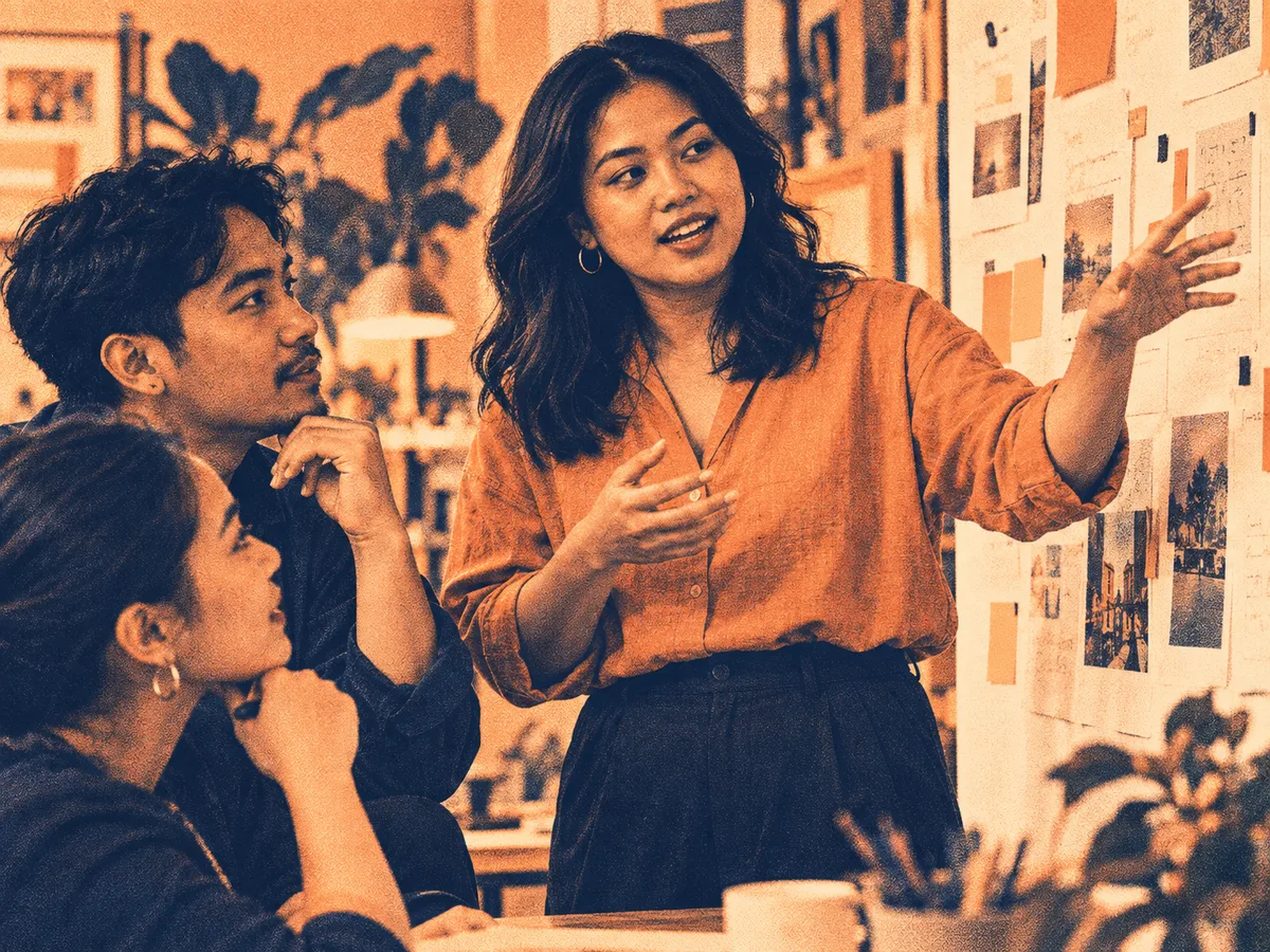 Orange halftone illustration of a team lead guiding two colleagues through a workflow on a studio wall
