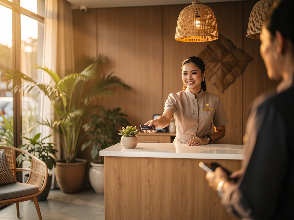 Hotel front desk staff greeting a guest