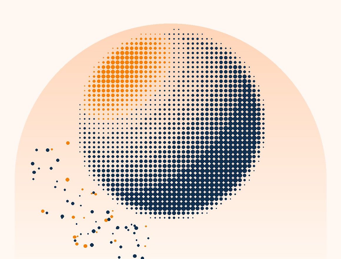 Halftone sphere in navy and orange rising inside a peach arch