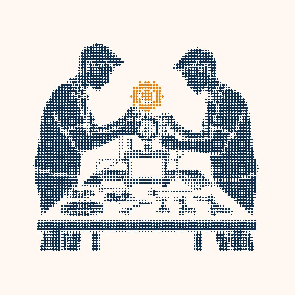 Halftone illustration of two people at a workbench assembling a small machine around one orange gear