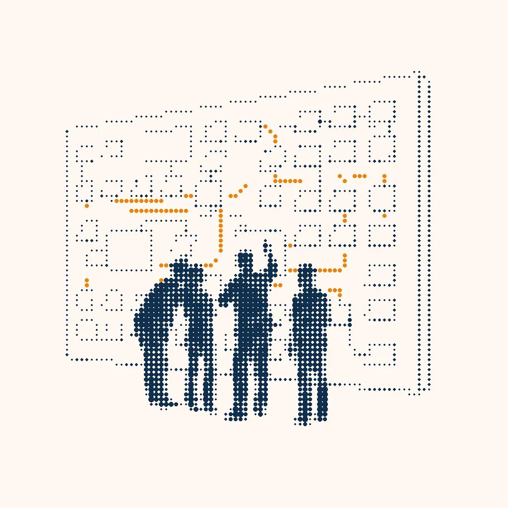 Halftone illustration of a team at a wall of notes, tracing one orange route through the process map