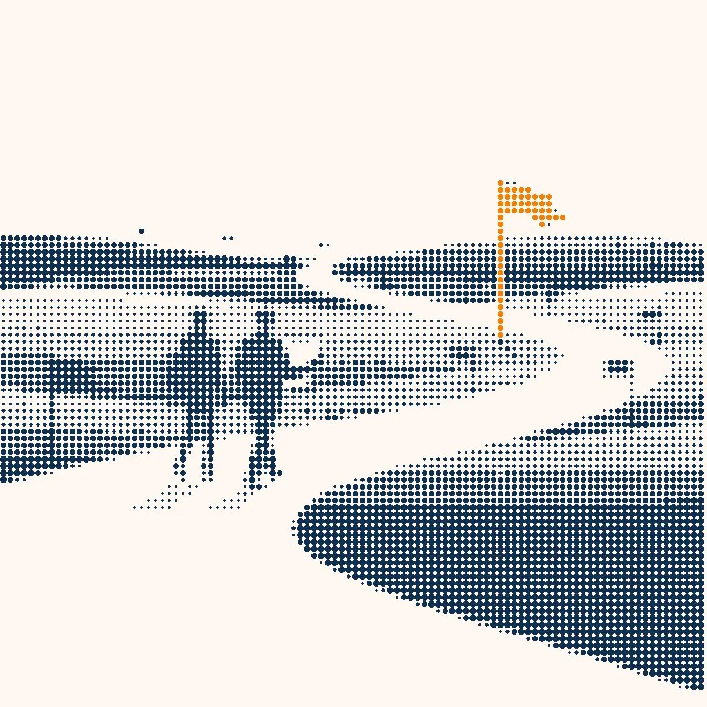 Halftone illustration of two people walking a long winding path towards an orange milestone flag