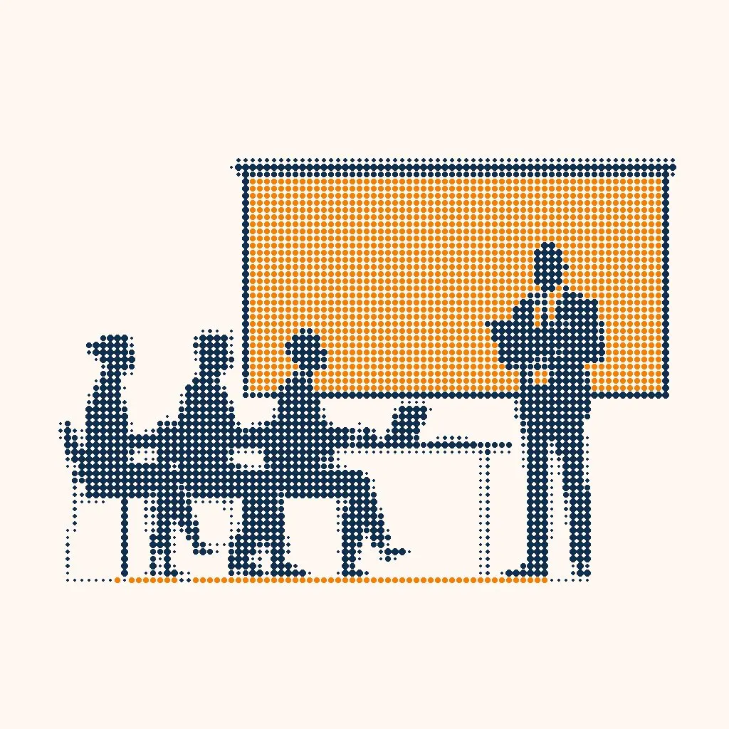 Halftone illustration of a trainer beside a large orange screen while a row of people work at laptops