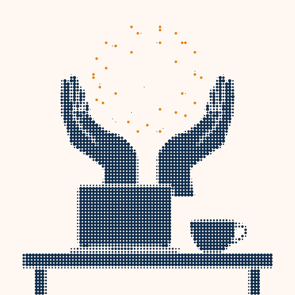 Halftone illustration of hands cradling a sphere of connected nodes above a laptop