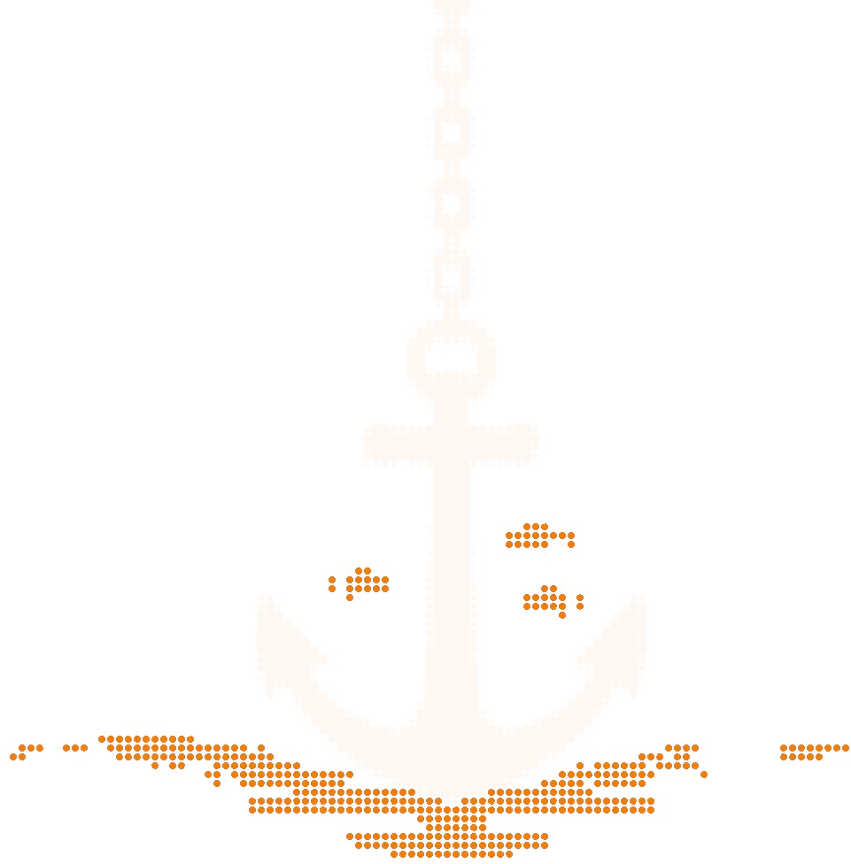 Halftone illustration of an anchor resting on a sandy seabed, its chain rising through shafts of light, small orange fish around it