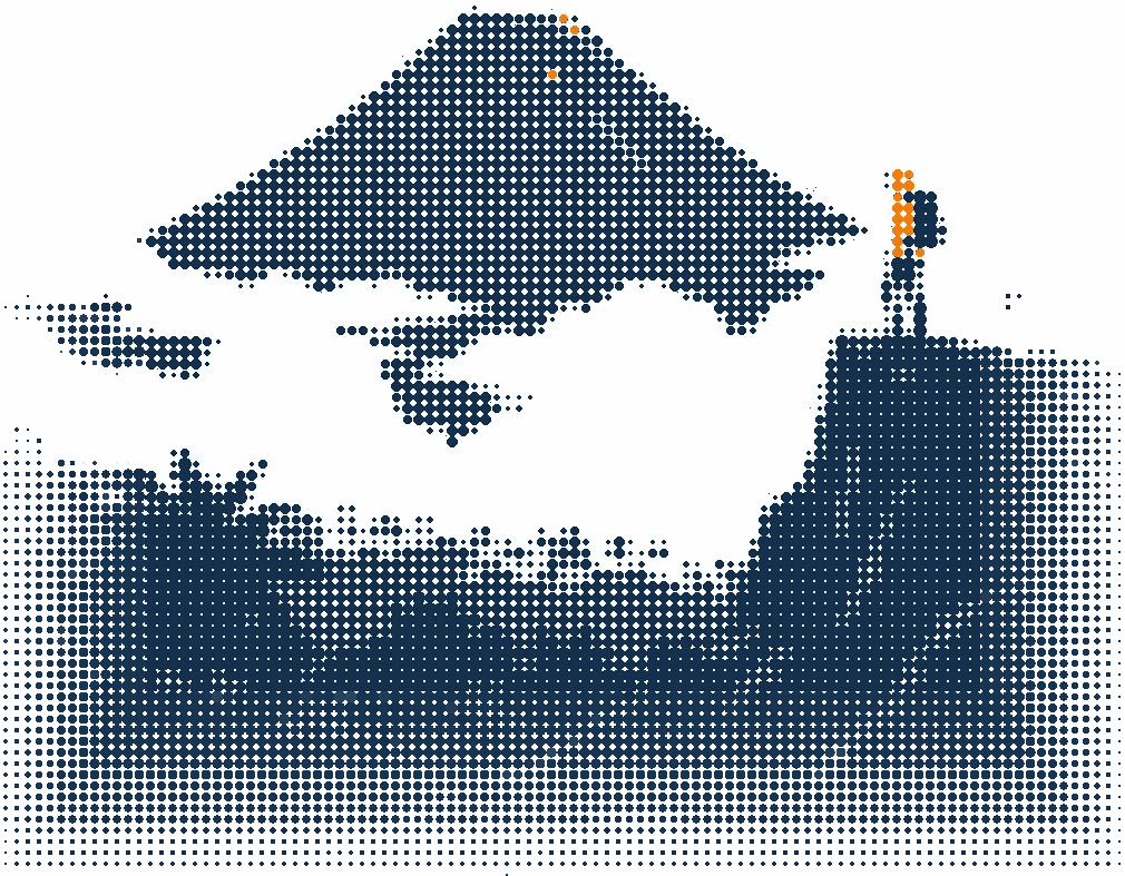 Halftone illustration of a climber on a ridge below a tall tropical volcano above a sea of clouds, the jacket in orange