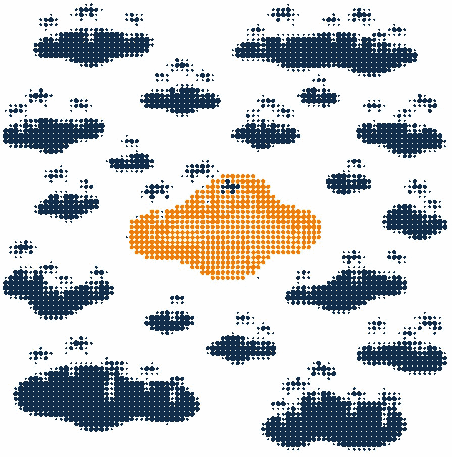 Halftone illustration of an archipelago of small islands seen from above, one island in orange