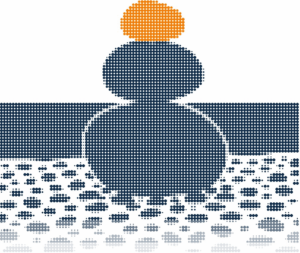 Halftone illustration of smooth boulders balanced in a stack on a pebble shore, the top stone in orange