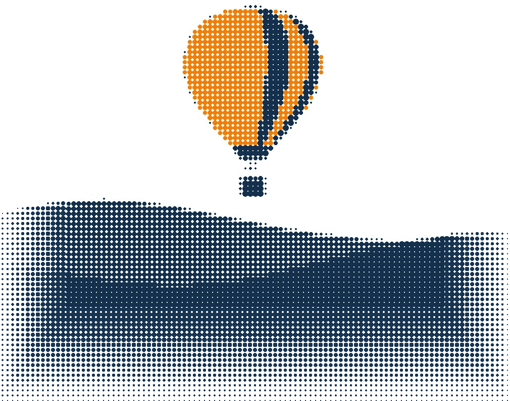 Halftone illustration of a single hot-air balloon rising over rolling hills, the envelope in orange