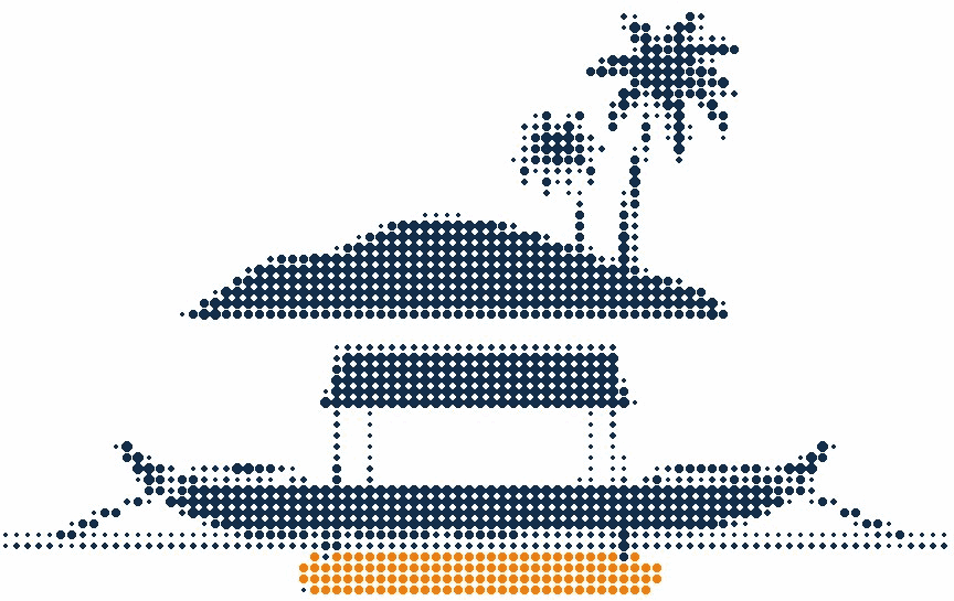 Halftone illustration of a Philippine outrigger canoe on flat water, the outrigger float in orange