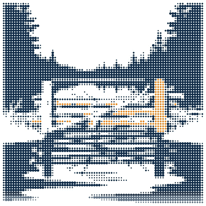Halftone illustration of a beaver dam of stacked logs across a forest stream, one log in orange