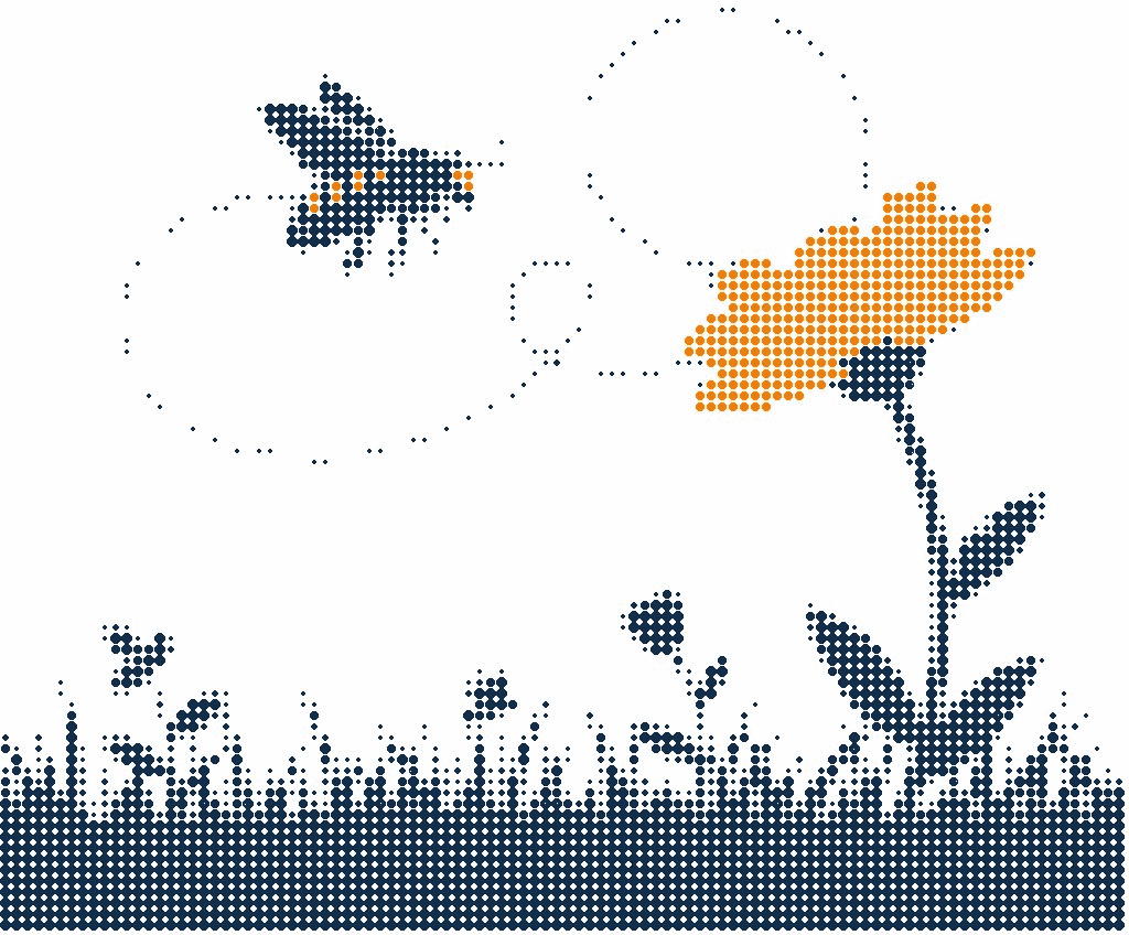 Halftone illustration of a bee following a dotted path across a meadow to one orange flower