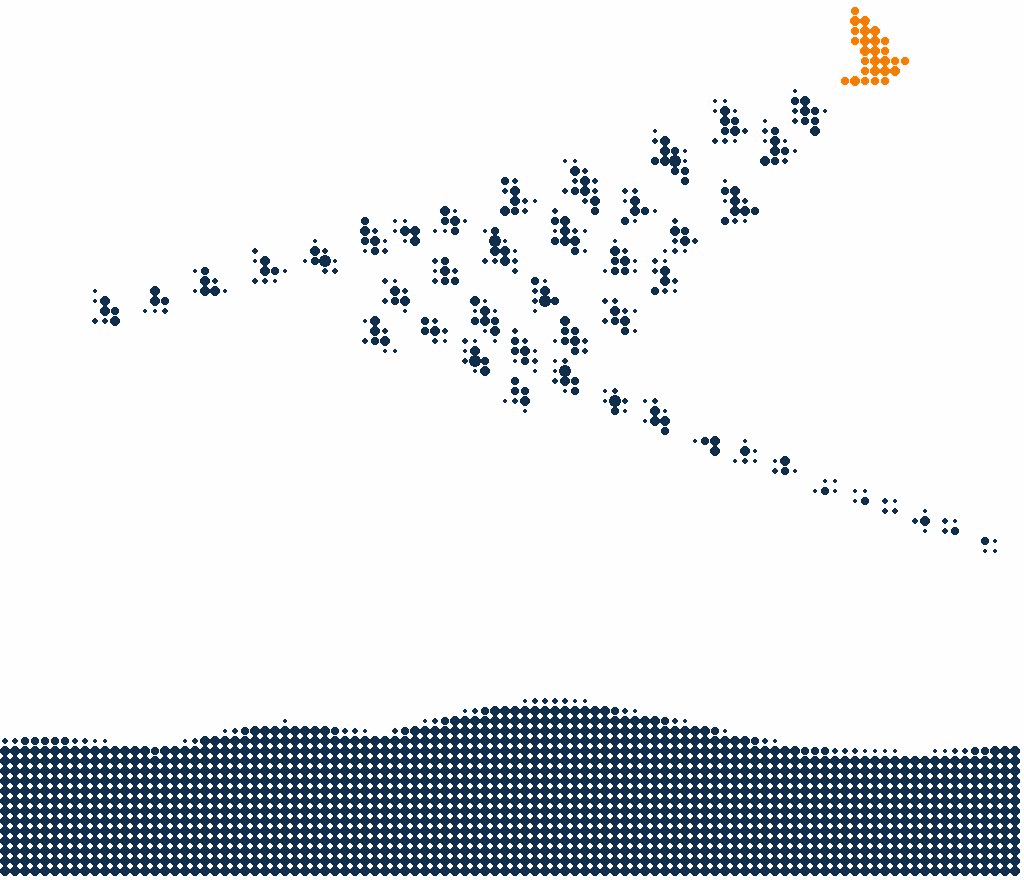 Halftone illustration of migrating birds in a V formation above low hills, the lead bird in orange
