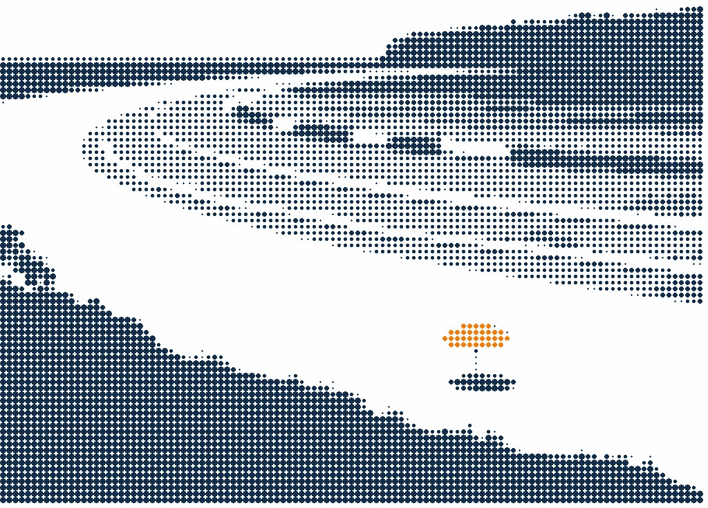 Halftone illustration of the Bondi Beach crescent from the headland, surf rolling in and one orange beach umbrella on the sand