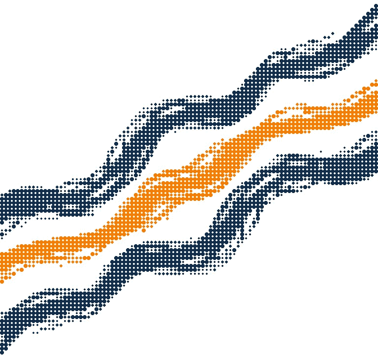 Halftone illustration of a braided river seen from above splitting into three channels, one channel in orange