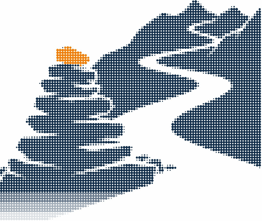Halftone illustration of a stacked stone cairn beside a winding mountain trail, the top stone in orange