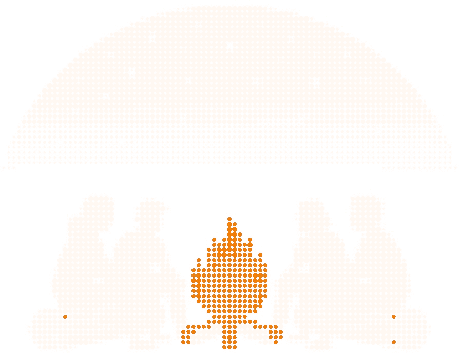 Halftone illustration of four people sitting around a campfire under a starry sky, the flames in orange