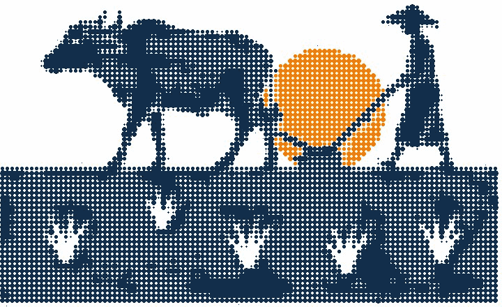 Halftone illustration of a carabao pulling a plough through a rice paddy, a farmer behind it and an orange sun on the horizon