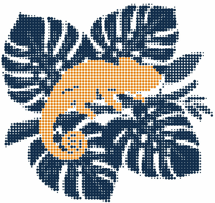 Halftone illustration of a chameleon resting among large leaves, the chameleon in orange