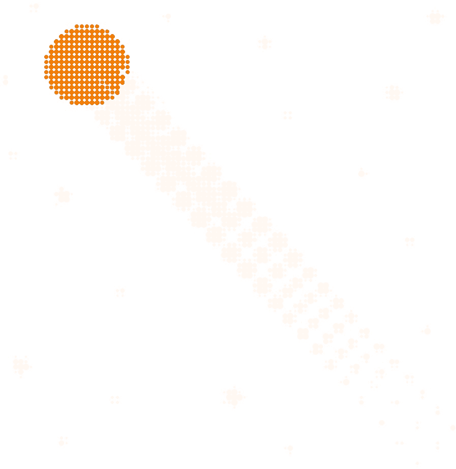 Halftone illustration of a comet crossing a starfield, its tail a trail of evenly spaced dots behind an orange head