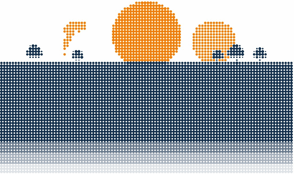 Halftone illustration of three planets lined up low over a flat horizon, the middle planet in orange