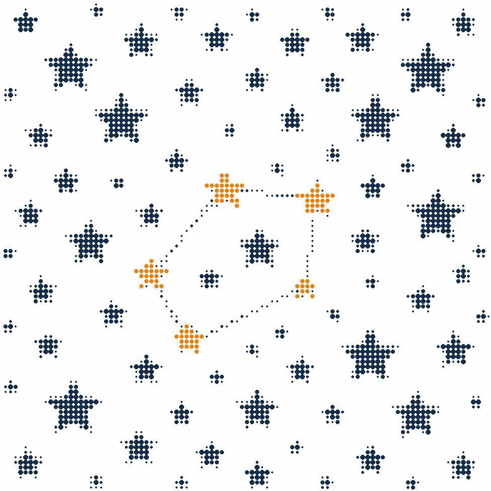 Halftone illustration of a constellation chart, bold stars joined by thin lines with the two brightest in orange