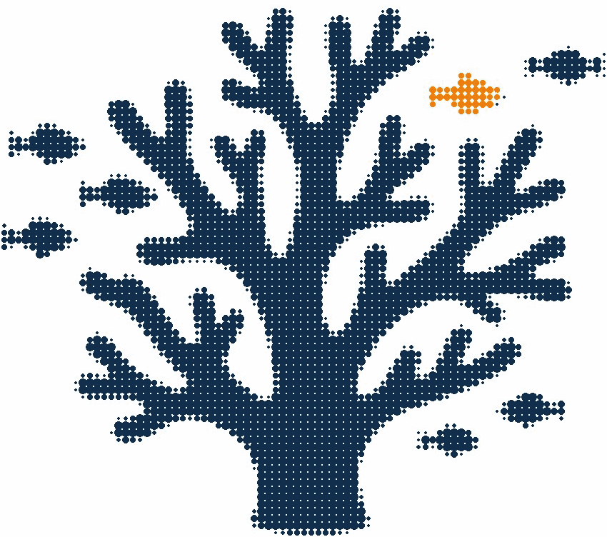 Halftone illustration of a branching coral colony with small fish around it, one fish in orange