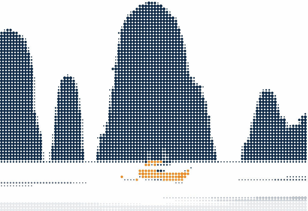 Halftone illustration of limestone karst islands in a lagoon, one small boat with an orange hull between them