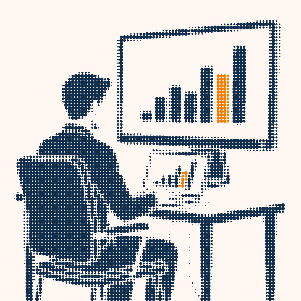 Halftone illustration of a specialist at a desk with a rising chart