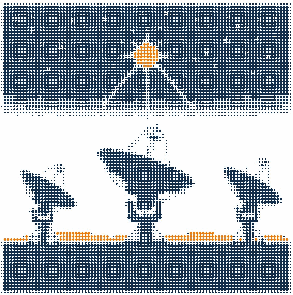 Halftone illustration of three radio telescope dishes on a desert plain all pointed at one orange star