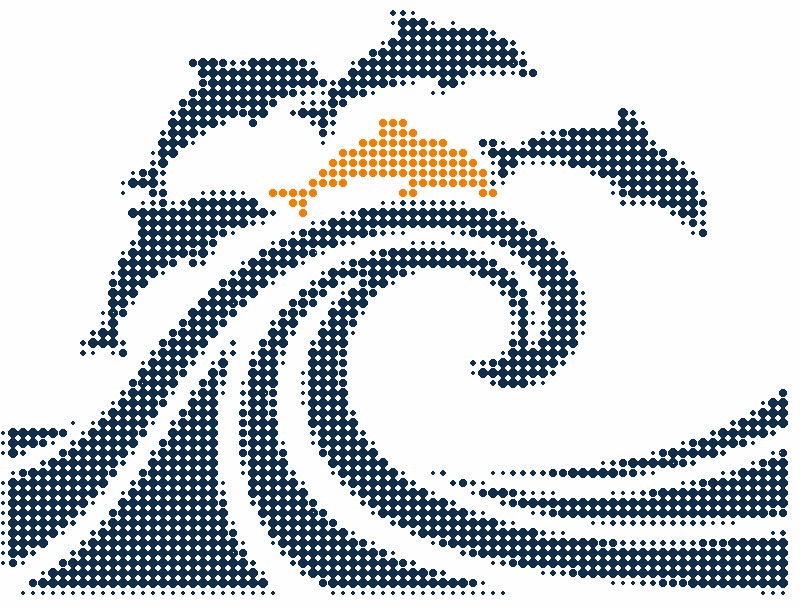 Halftone illustration of a pod of dolphins riding one curling wave, one dolphin in orange