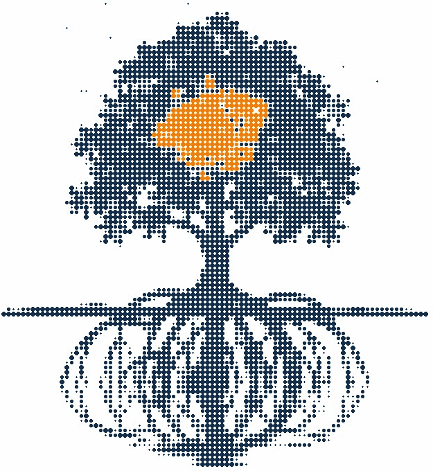 Halftone illustration of a mangrove tree at the water’s edge, its canopy lit by a tight cluster of orange fireflies