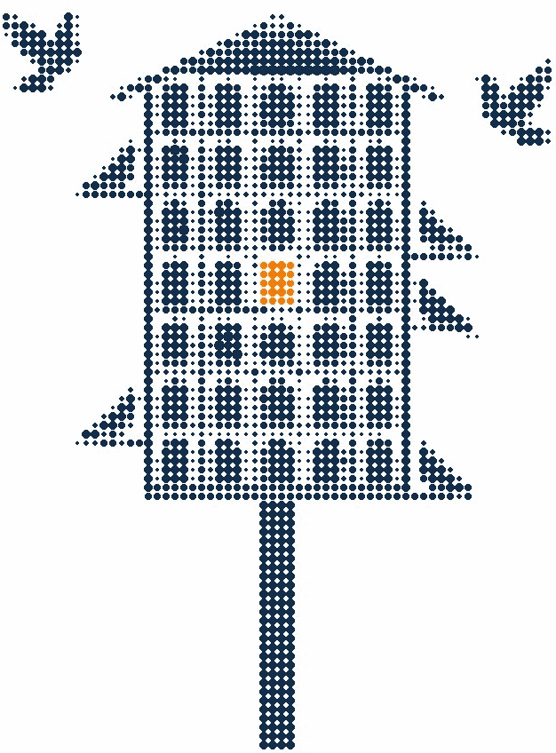 Halftone illustration of a dovecote with rows of openings, one glowing orange, and pigeons flying in