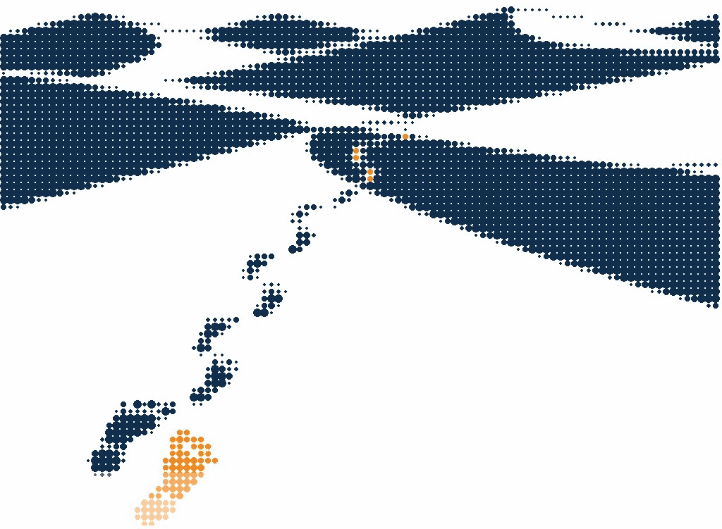 Halftone illustration of sand dunes crossed by a single line of footprints, the leading footprint in orange