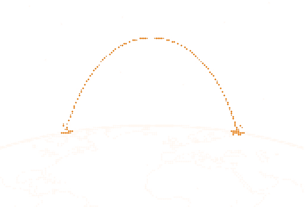 Halftone illustration of the curve of the Earth at night, two coastal cities joined by an orange arc of light