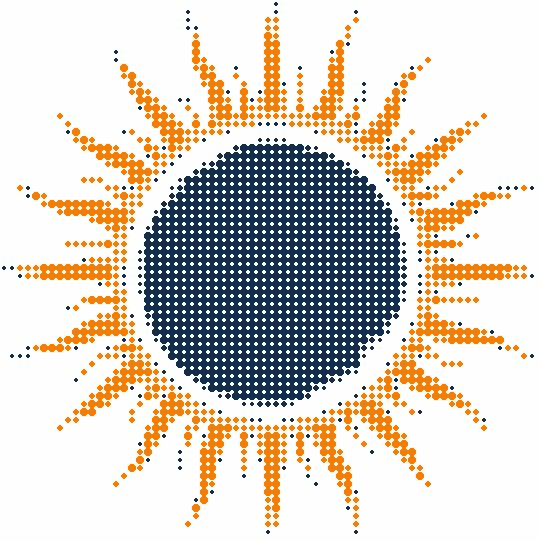 Halftone illustration of a total solar eclipse, the dark moon edged by an orange corona