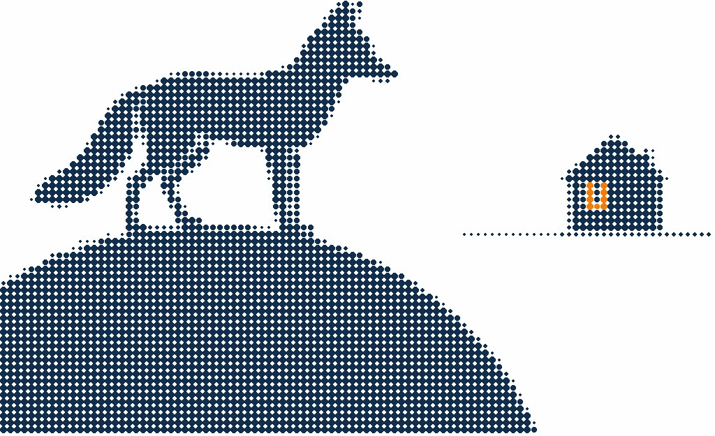 Halftone illustration of a fox on a hilltop looking toward a small house with an orange-lit window