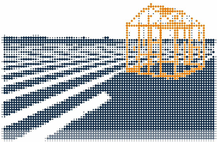 Halftone illustration of a glasshouse beside an open ploughed field under one sky, the glasshouse frame in orange