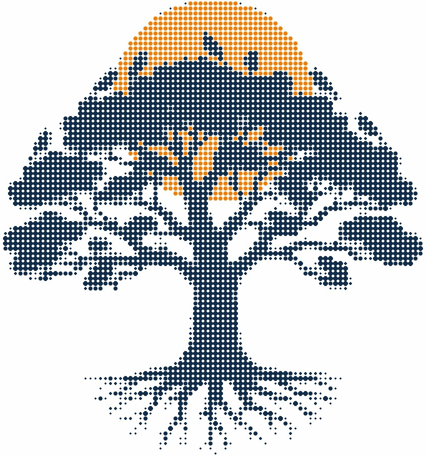 Halftone illustration of one great tree with many branches and visible roots, the sun behind it in orange