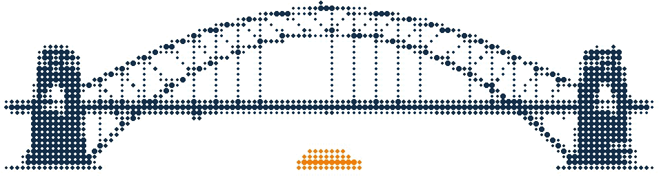 Halftone illustration of the Sydney Harbour Bridge in side view with a small orange ferry passing beneath the arch