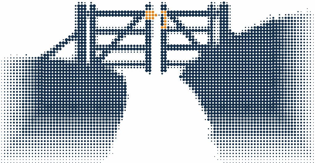 Halftone illustration of an open farm gate on a hillside with a path running through it, the latch in orange