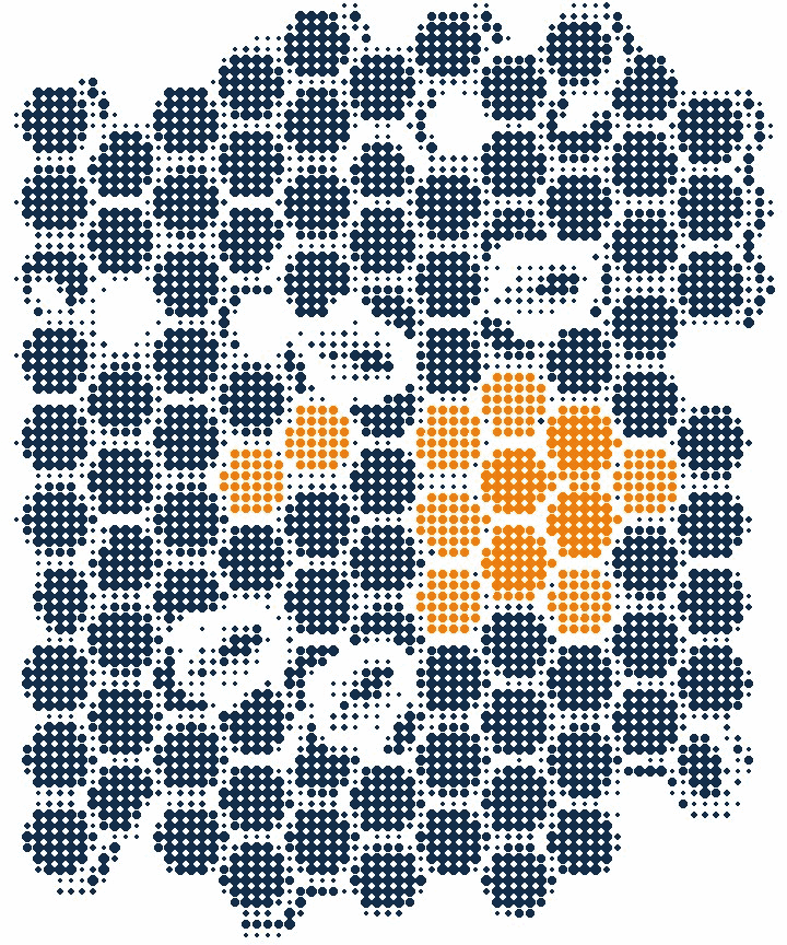 Halftone illustration of a honeycomb with bees at work and a cluster of cells filled in orange