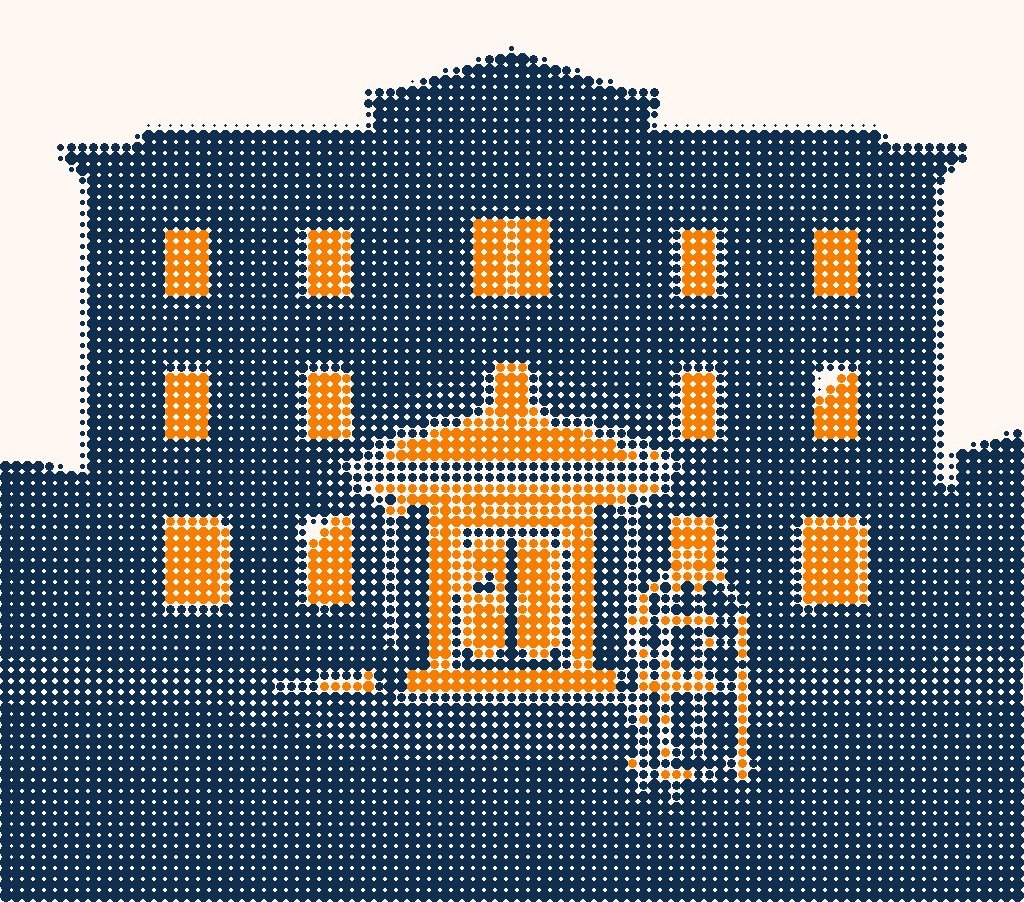 Halftone illustration of a hotel facade at evening