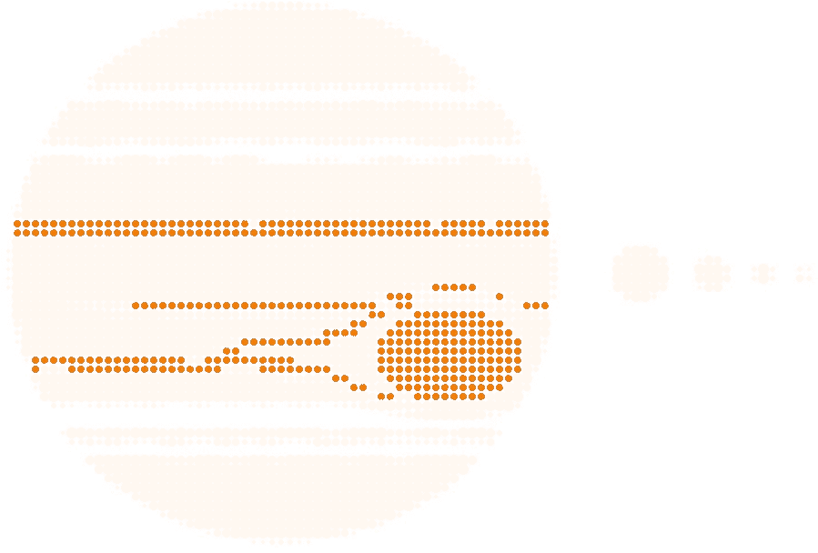 Halftone illustration of Jupiter with its four large moons strung in a line beside it