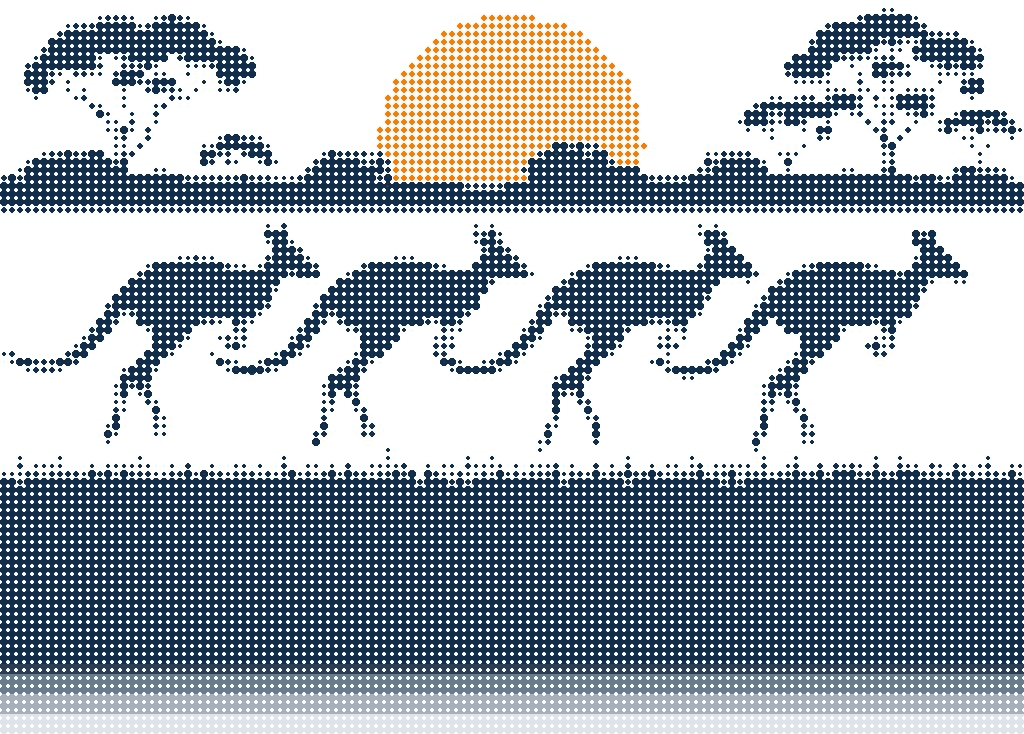 Halftone illustration of four kangaroos bounding across an open plain at dawn, gum trees and an orange sun on the horizon