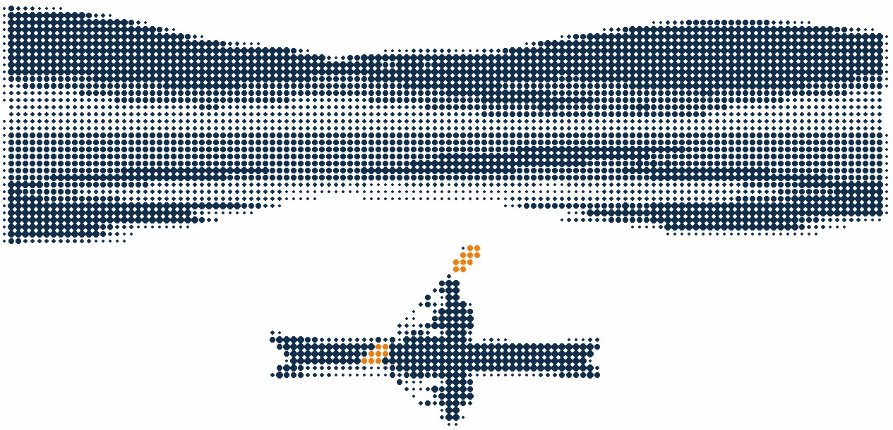 Halftone illustration of a lone kayaker on a calm lake at dawn, mist on the water, the paddle blade in orange